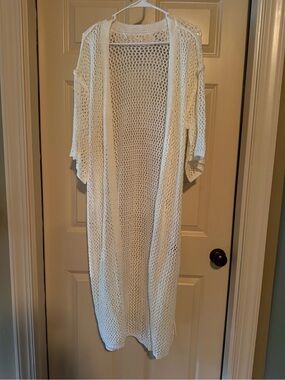 POL Open-Knit Cream Long Duster Cardigan
